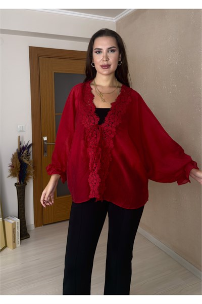 Güpür Detaylı Kırmızı İpeksi Gömlek/Kimono