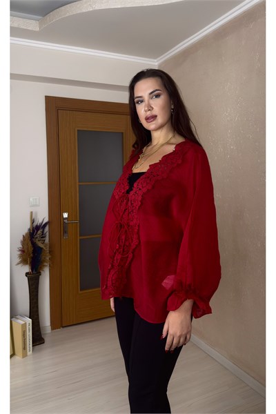 Güpür Detaylı Kırmızı İpeksi Gömlek/Kimono