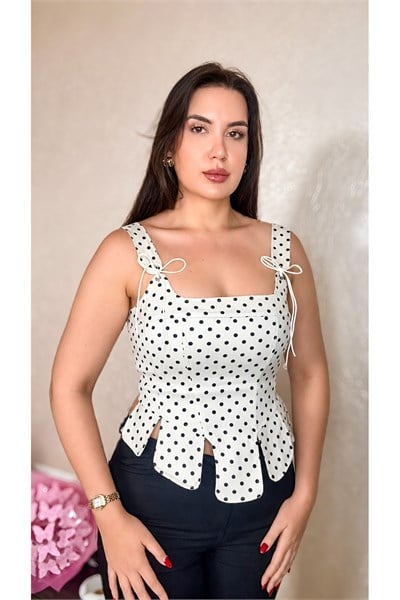 İP DETAYLI PUANTİYELİ KORSE BLUZ EKRU