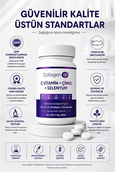 Hidrolize Kollajen , C Vitamini, Çinko, Selenyum İçeren Takviye Edici Gıda