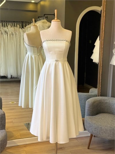 Lenta Wedding Straplez Yaka Taş Detaylı Beyaz Midi Boy Saten Gece ve Nikah Elbisesi