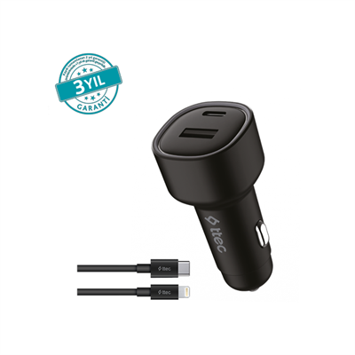 2CKP02LS ttec SmartCharger Duo PD 48W Araç Hızlı Şarj Aleti USB-C+USB-A - USB-C-Lightning Kablo Siyah