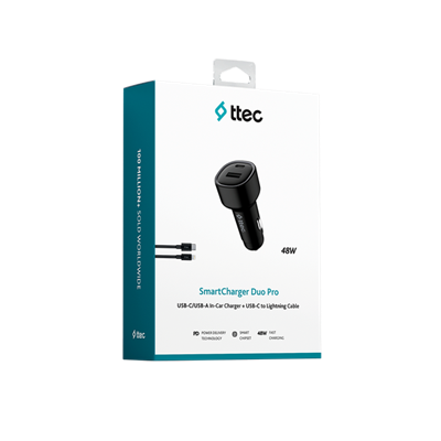 2CKP02LS ttec SmartCharger Duo PD 48W Araç Hızlı Şarj Aleti USB-C+USB-A - USB-C-Lightning Kablo Siyah