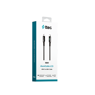 2DK57S ttec AlumiCable LCD USB-C – USB-C 100W PD/QC 150cm Hızlı Şarj/Data Kablosu ,Siyah