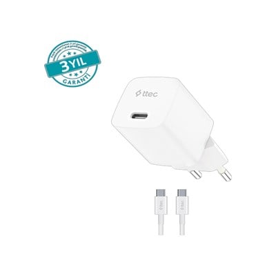2SCG20CB ttec SmartCharger GAN 20W PD Seyahat Hızlı Şarj Aleti + USB-C - USB-C 60W Kablo Beyaz