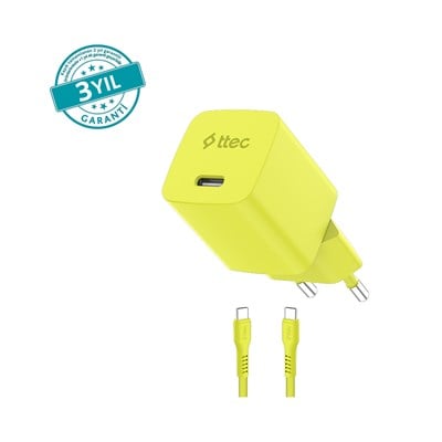 2SCG20CNS ttec SmartCharger GAN 20W PD Seyahat Hızlı Şarj Aleti + USB-C - USB-C 3A Kablo Neon Neon Sarı