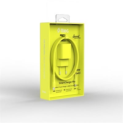 2SCG20CNS ttec SmartCharger GAN 20W PD Seyahat Hızlı Şarj Aleti + USB-C - USB-C 3A Kablo Neon Neon Sarı