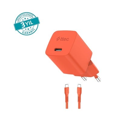 2SCG20CNT ttec SmartCharger GAN 20W PD Seyahat Hızlı Şarj Aleti + USB-C - USB-C 3A Kablo Neon Neon Turuncu