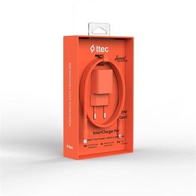 2SCG20CNT ttec SmartCharger GAN 20W PD Seyahat Hızlı Şarj Aleti + USB-C - USB-C 3A Kablo Neon Neon Turuncu