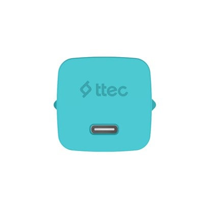 2SCG20LNM ttec SmartCharger GAN 20W PD Seyahat Hızlı Şarj Aleti + USB-C - Lightning 120cm Kablo Neon Neon Mavi