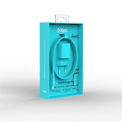 2SCG20LNM ttec SmartCharger GAN 20W PD Seyahat Hızlı Şarj Aleti + USB-C - Lightning 120cm Kablo Neon Neon Mavi