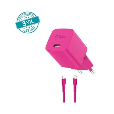 2SCG20LNP ttec SmartCharger GAN 20W PD Seyahat Hızlı Şarj Aleti + USB-C - Lightning 120cm Kablo Neon Neon Pembe