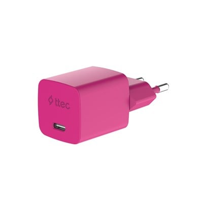 2SCG20LNP ttec SmartCharger GAN 20W PD Seyahat Hızlı Şarj Aleti + USB-C - Lightning 120cm Kablo Neon Neon Pembe