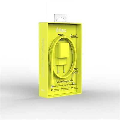 2SCG20LNS ttec SmartCharger GAN 20W PD Seyahat Hızlı Şarj Aleti + USB-C - Lightning 120cm Kablo Neon Neon Sarı