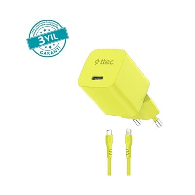 2SCG20LNS ttec SmartCharger GAN 20W PD Seyahat Hızlı Şarj Aleti + USB-C - Lightning 120cm Kablo Neon Neon Sarı