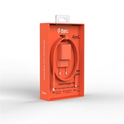2SCG20LNT ttec SmartCharger GAN 20W PD Seyahat Hızlı Şarj Aleti + USB-C - Lightning 120cm Kablo Neon Neon Turuncu