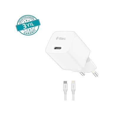2SCG30LB ttec SmartCharger GAN 30W PD Seyahat Hızlı Şarj Aleti + USB-C - Lightning 150cm Kablo 2SCG30LB Beyaz
