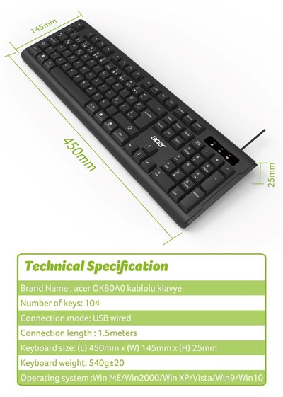 Acer OAK-0A0  Siyah Kablolu Sessiz Tuşlu  Klavye (Caps Lock) (Kablo Uzunluğu 1.50Cm) Caps Lock