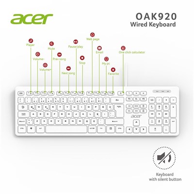 Acer OAK920 Q Usb Beyaz 1.8mt Kablolu Klavye-Tek Tuş Hesap Makinalı (Sessiz Tuş)