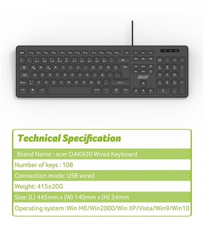 Acer OAK920 Q Usb SİYAH 1.8mt  Kablolu Klavye-Tek Tuş Hesap Makinalı (Sessiz Tuş)