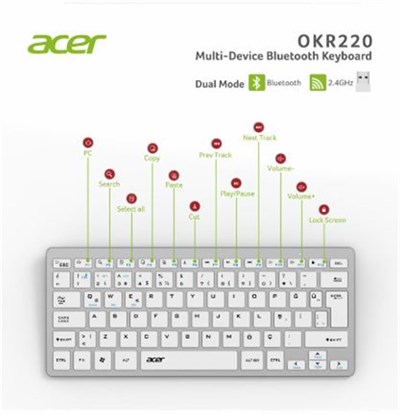 Acer OKR220 Beyaz MultiDevice Dual Mode 2.4GHZ Bluetooth Klavye (Smart Tv)(Android)