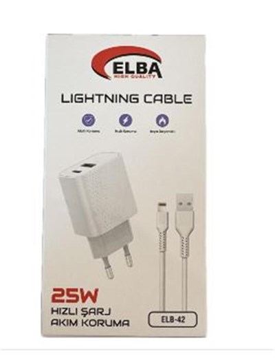Elba ELB42 Beyaz 25W Şarj Kafa+ İphone Kablo USB-C PD3.0-QC4.0(Akım Koruma-Hızlı Şarj-)