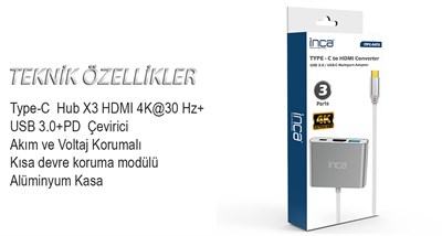 Inca ITPC-04TX Type-c Hub HDMI 4K@30hz USB3.0+PD100W Akım ve Voltaj Korumalı Alüminyum Çoklayıcı