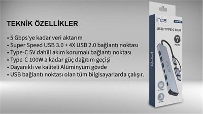 Inca IUTP-7T Usb+Type-c Girişli USB 3.0+4X USB 2.0 Type-C 5V 2X Type-C 100W Çoklayıcı