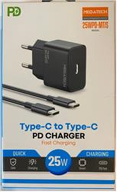 Megatech 25Wpd-Mt-S 25w Type-C Ev Şarj Kafa+Type-c to Typec Kablo ( Hızlı Şarj )