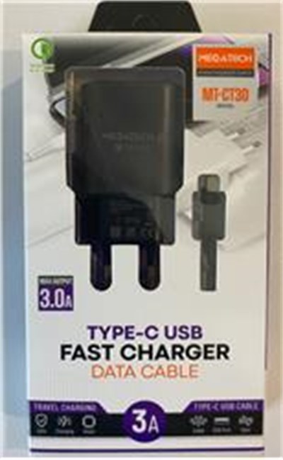 Megatech Mt-CT30 Siyah QD 3.0a Usb Ev Şarj Kafa+ Type-C Şarj Kablosu