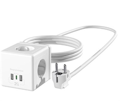 S-link PRZ04 4 Soketli 2 USB 1 Type-C PD20 2M 306 Joule Tam Bakır Küp Beyaz Akım Korumalı Priz