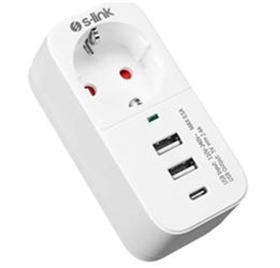 S-link SL-011 16A-250V 750 Joule 2 Usb 1 Type C 5V2.4A  Akım Korumalı Tekli Priz