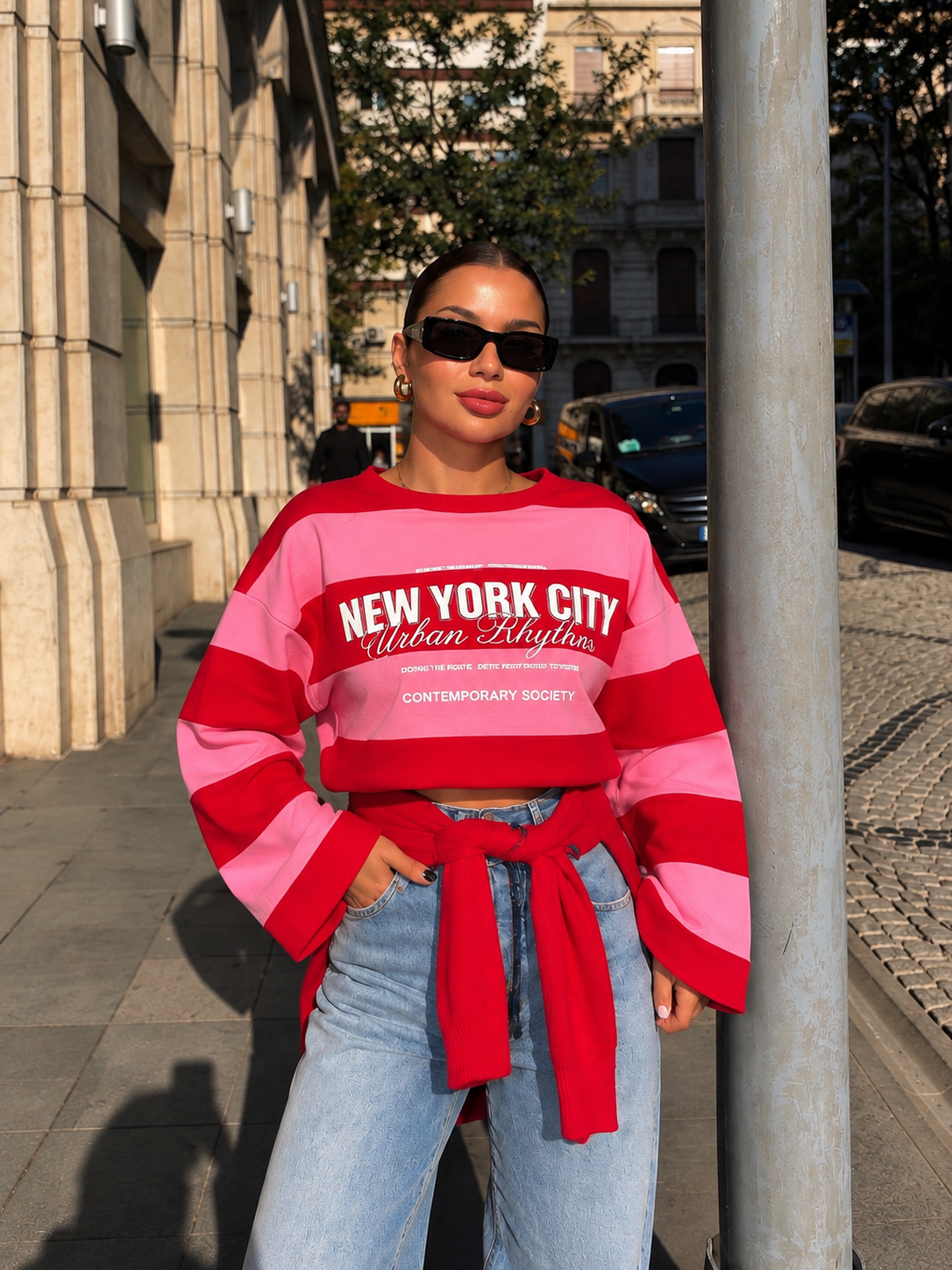 New York Pembe Çizgili Sweatshirt