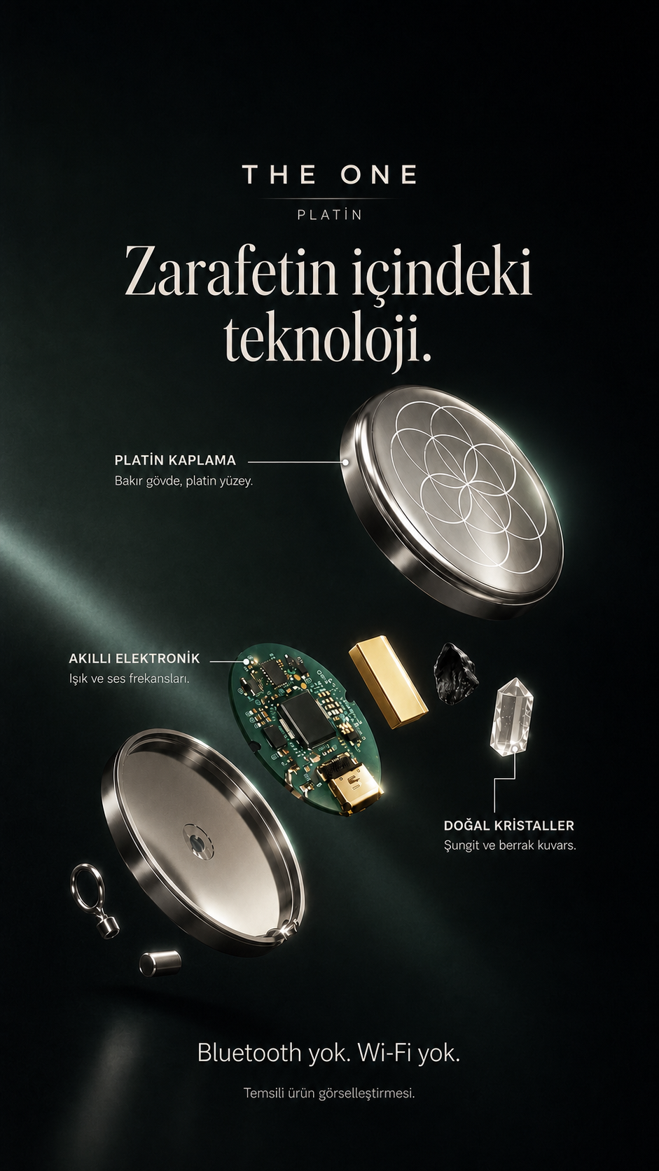 The One Platin’in demonte görünümü: metal gövde, elektronik devre, şungit ve berrak kuvars. Zarafetin içindeki teknoloji.