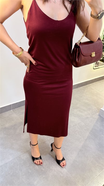 Bordo İp Askılı Yırtmaçlı Modal Basic Elbise