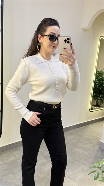 Ekru Polo Yaka Vatkalı Triko