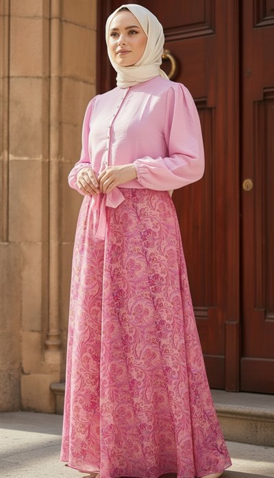 Bağlama Detaylı Şal Desenli Pembe Etekli Takım