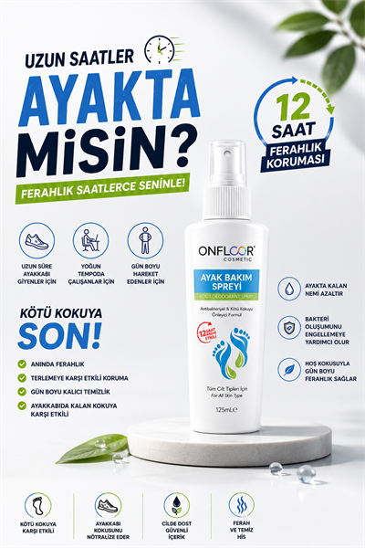 ONFLOOR Ayak Kokusu Giderici,Nasır,Mantar,Kötü koku, önleyici | 12 SAAT KONFOR |ferahlatıcı Sprey 125 ml