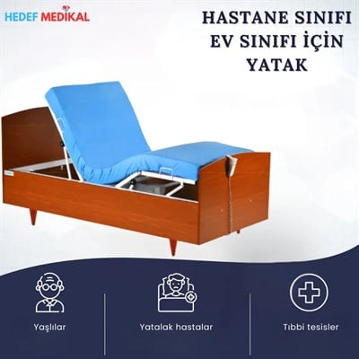 2 Motorlu Ahşap Görünümlü Ev Tipi Elektrikli Kumandalı Hasta Karyolası