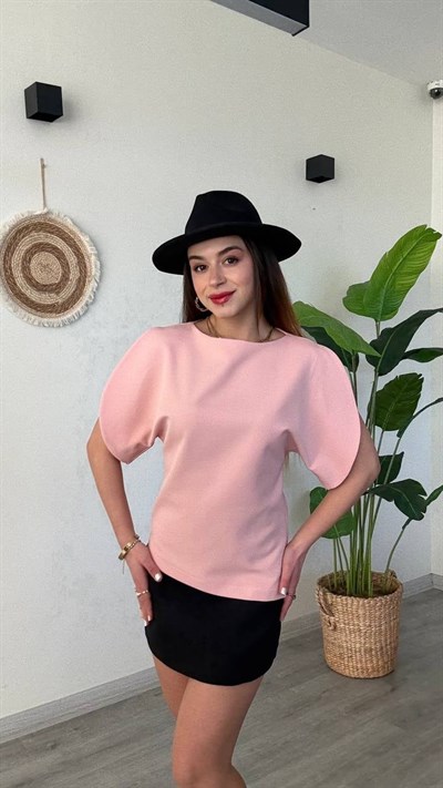 Bisiklet Yaka Pembe Balon Kol Bluz – Modern Şık Ofis Bluzu