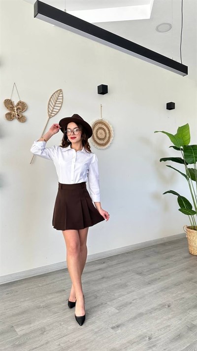 Yüksek Bel Pileli Kahverengi Şort Etek – A Kesim Mini Skort