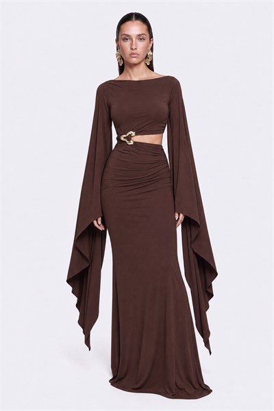 Noire Cape Cut-Out Uzun Elbise Kahverengi
