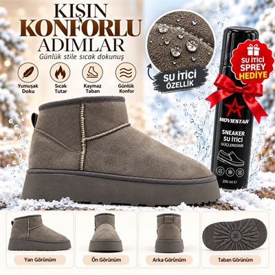 Look Life İçi Peluş Kürklü Süet Ultra Mini Taban Bot + Su İtici Sprey Hediye