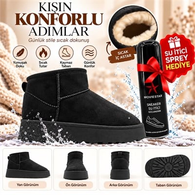 Look Life İçi Peluş Kürklü Süet Ultra Mini Taban Bot + Su İtici Sprey Hediye