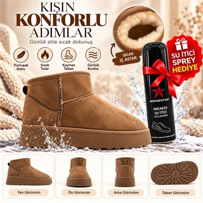 Look Life İçi Peluş Kürklü Süet Ultra Mini Taban Bot + Su İtici Sprey Hediye