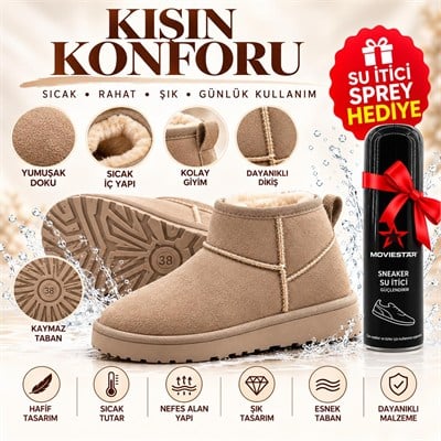 Look Life İçi Peluş Kürklü Süet Ultra Mini Taban Bot + Su İtici Sprey Hediye