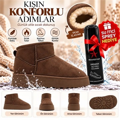 Look Life İçi Peluş Kürklü Süet Ultra Mini Taban Bot + Su İtici Sprey Hediye