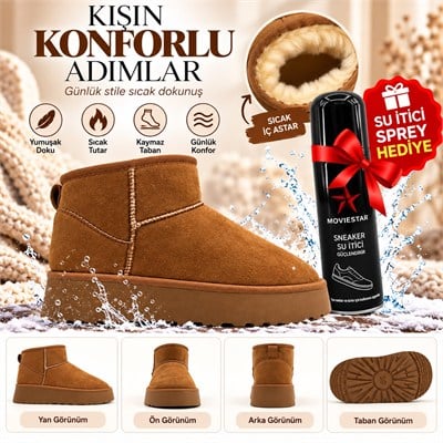 Look Life İçi Peluş Kürklü Süet Ultra Mini Taban Bot + Su İtici Sprey Hediye