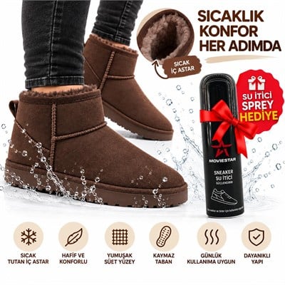 Look Life İçi Sıcak Peluş Astar Süet Ultra Mini Kışlık Bot + Su İtici Sprey Hediye