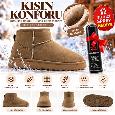 Look Life İçi Sıcak Peluş Astar Süet Ultra Mini Kışlık Bot + Su İtici Sprey Hediye